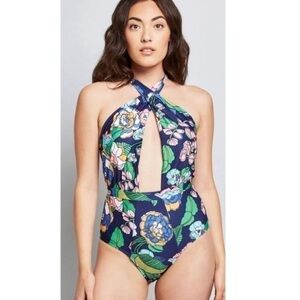 Modcloth Floral One Piece Swimsuit - Blue and Green